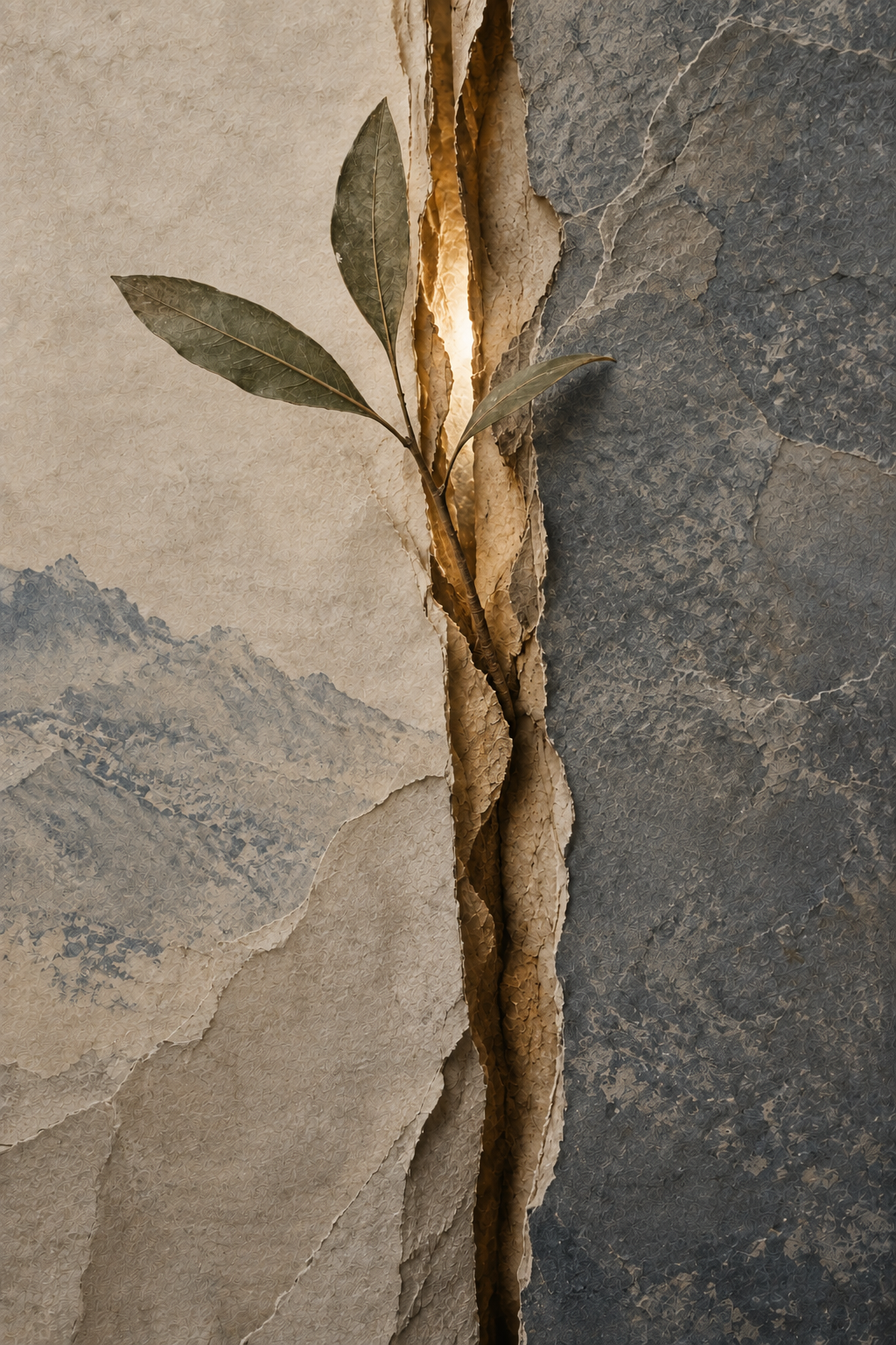 Una forma vegetale radicata oltre una fenditura minerale illuminata