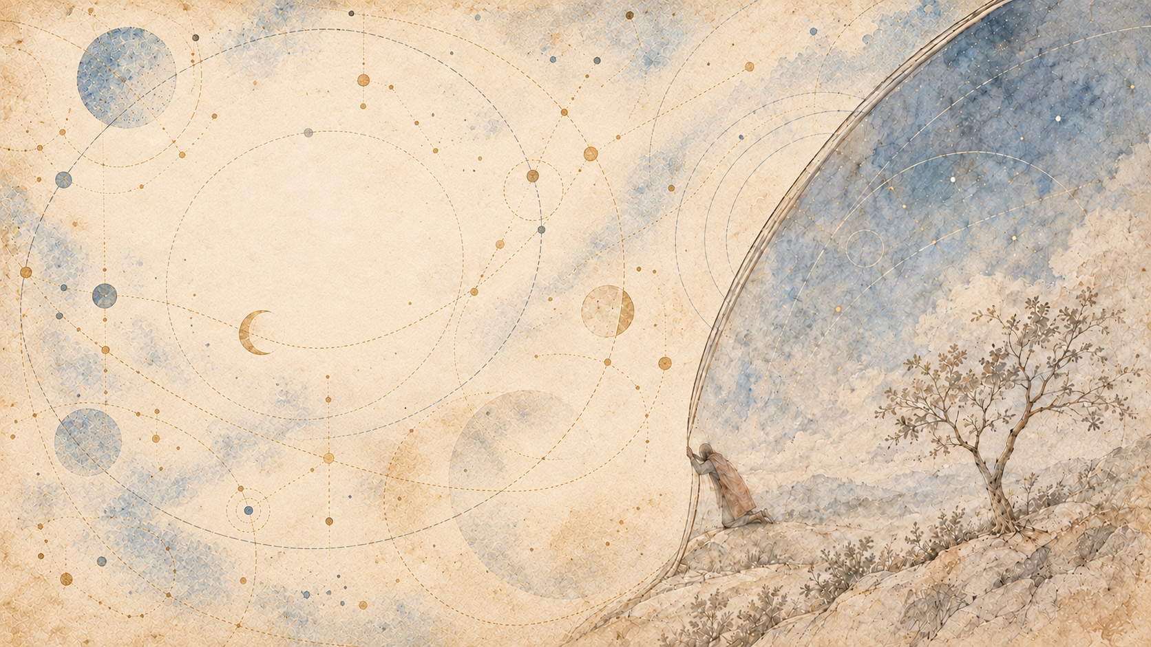 Una figura si affaccia oltre una soglia verso un paesaggio costellato